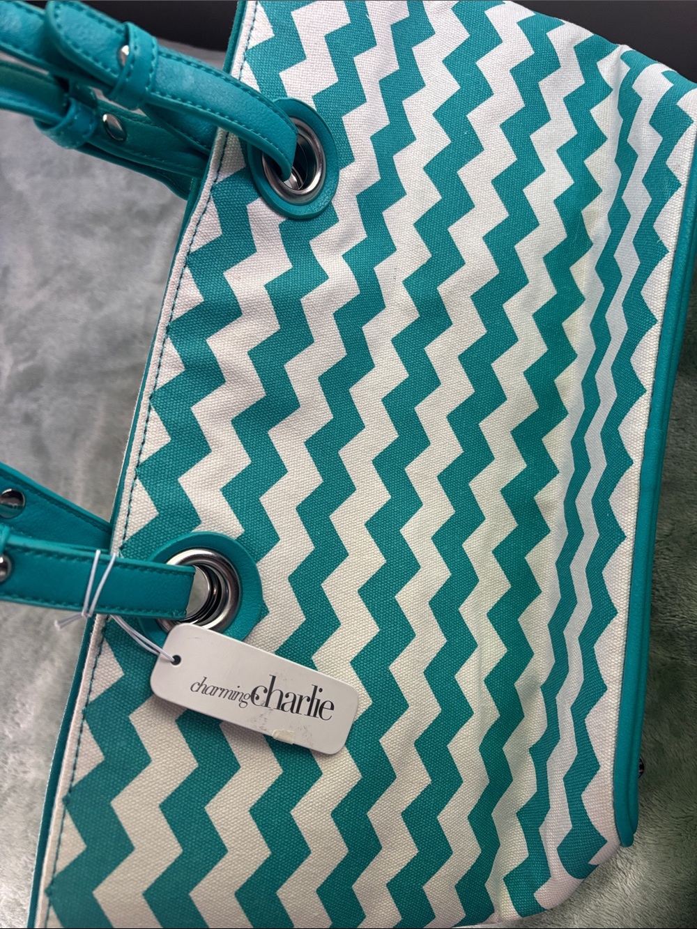 Charming Charlie Teal and White Chevron Canvas Tote